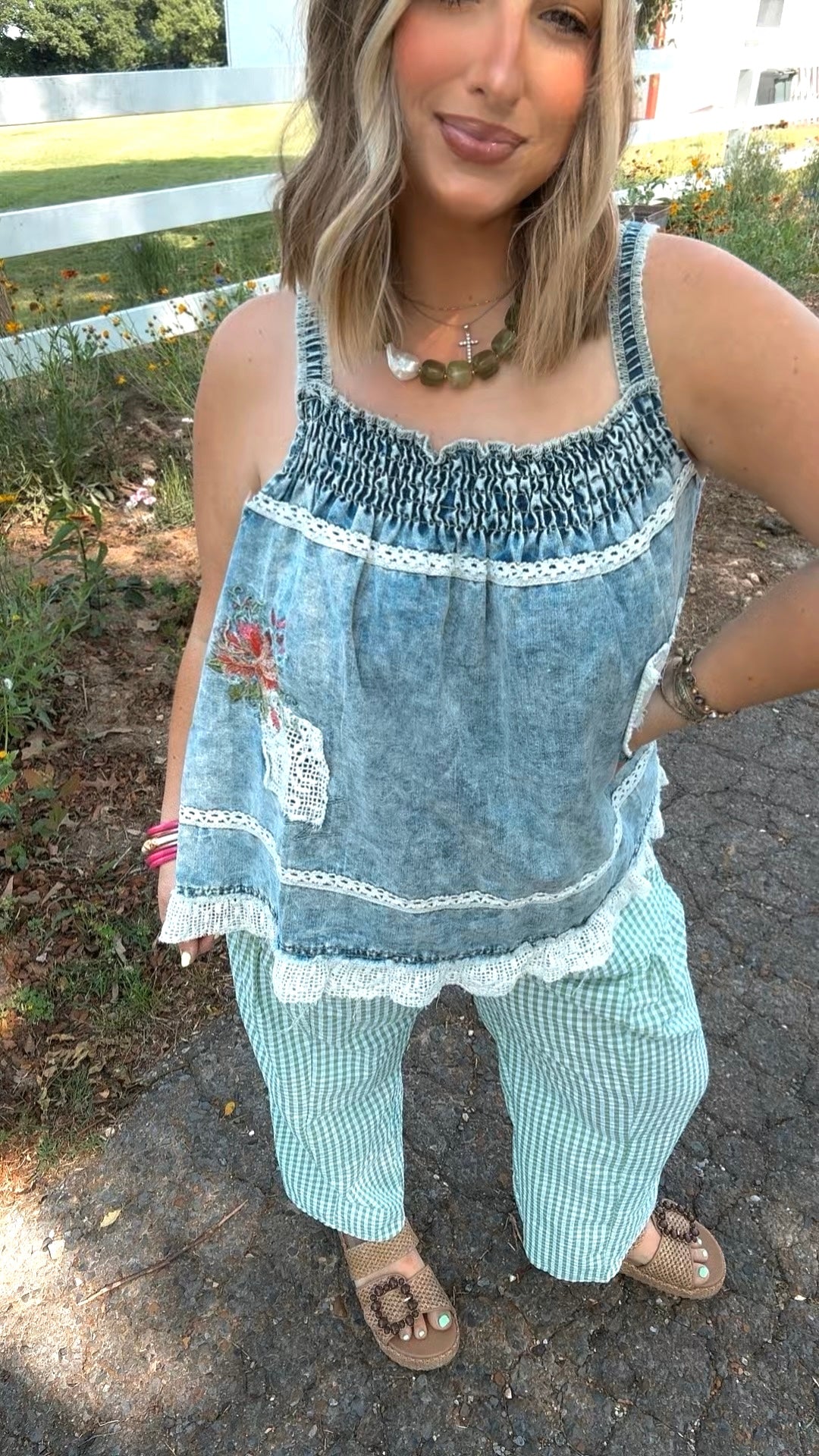 Denim Embroidered Top