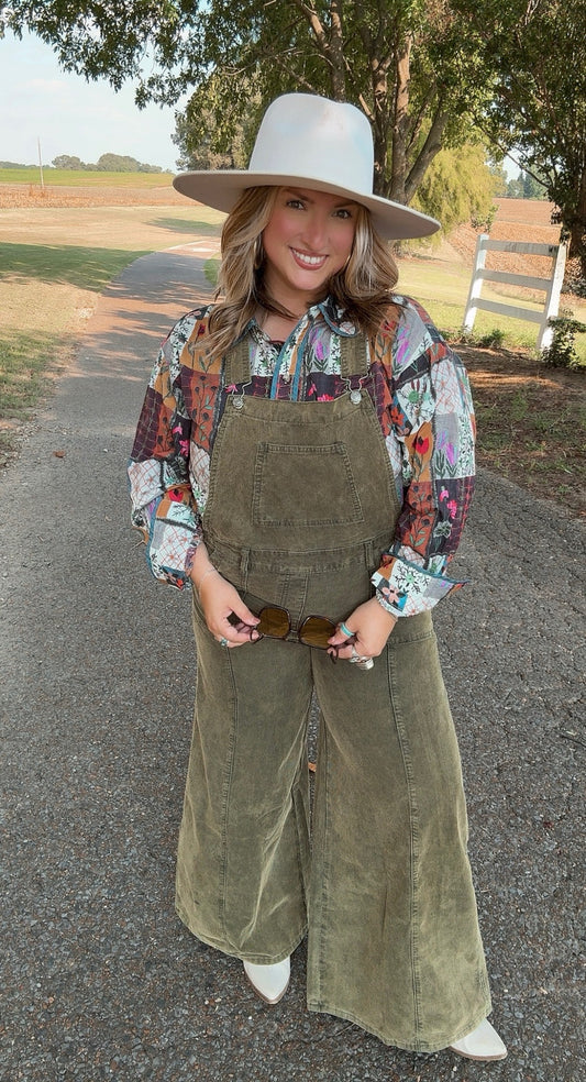 Olive corduroy overalls