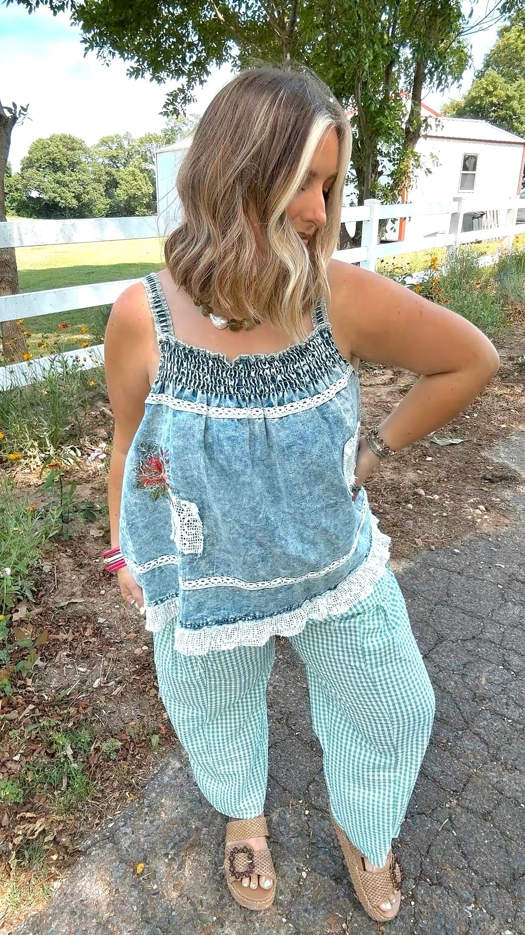 Denim Embroidered Top