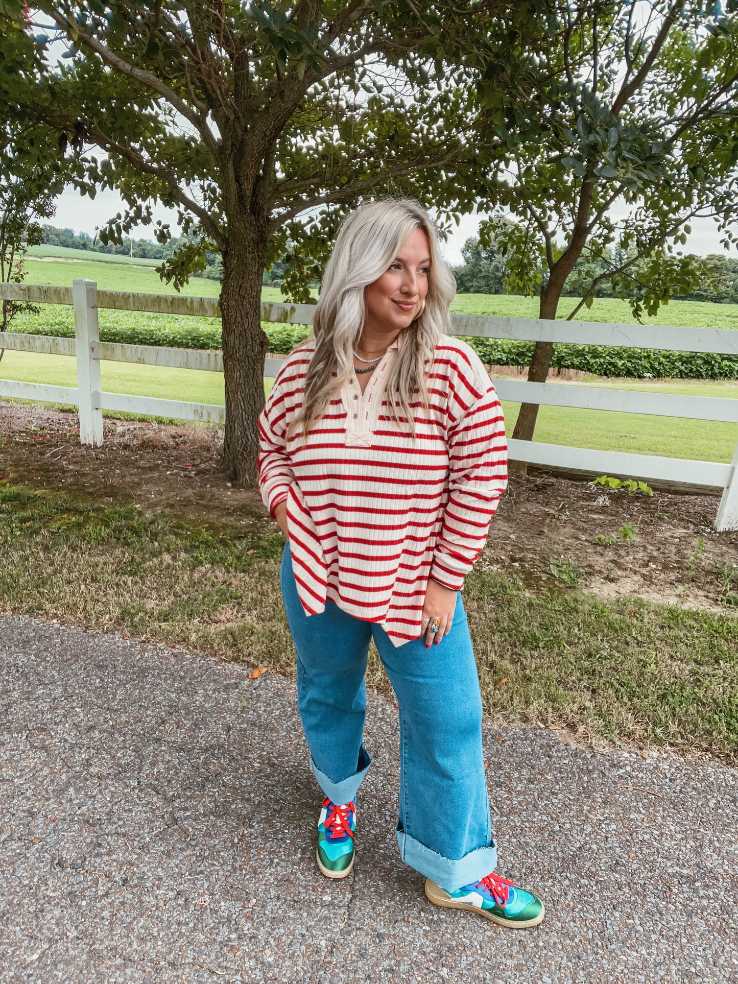 Red & Cream Stripe Top