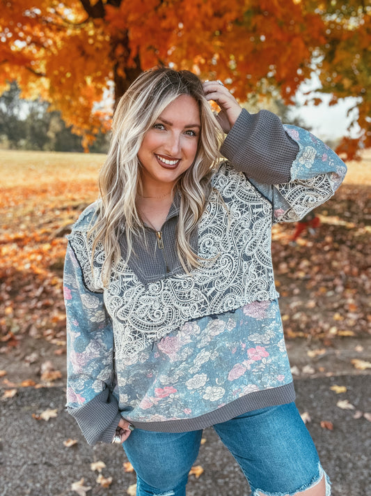 Denim Floral Pullover