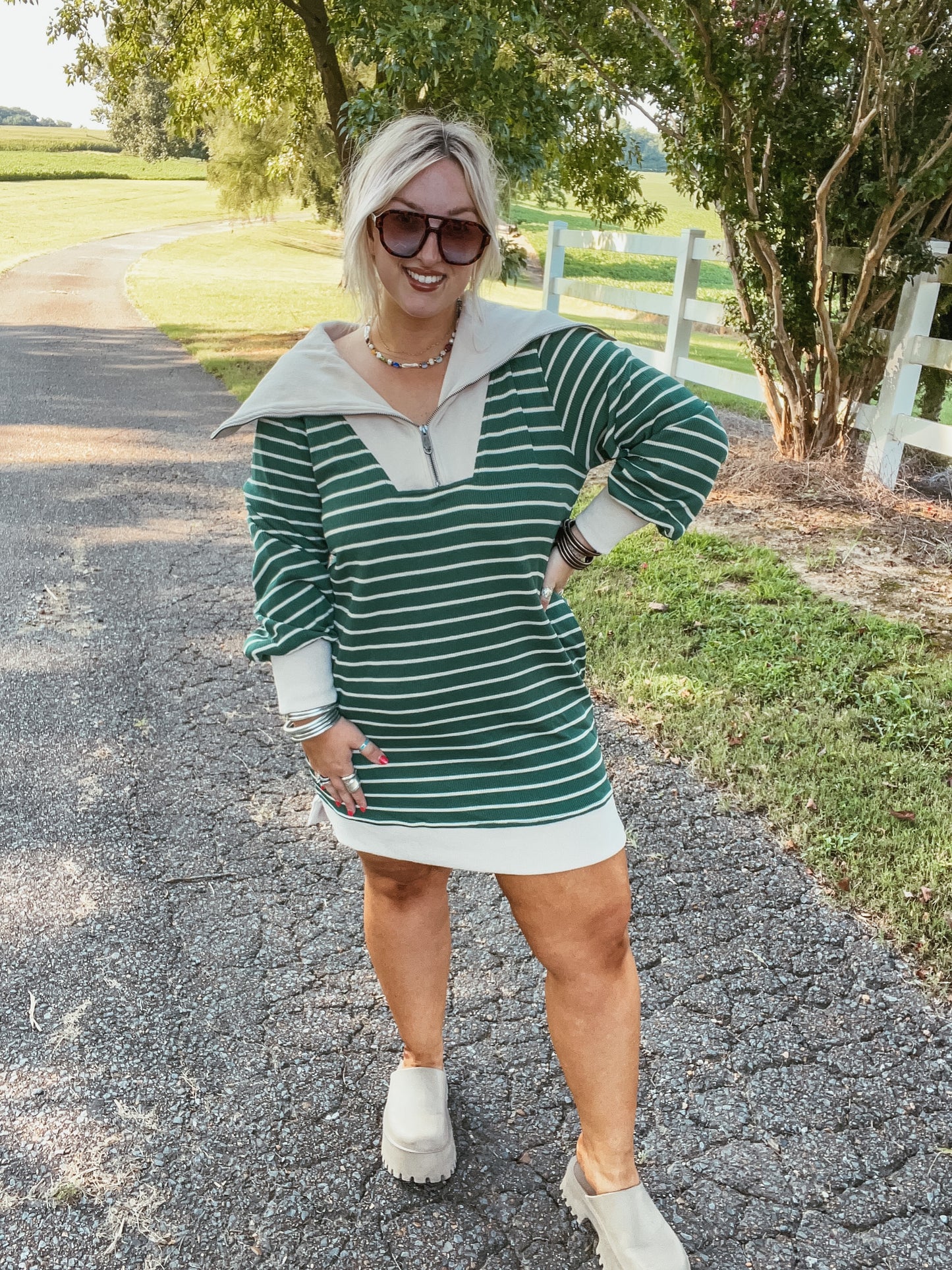 Green & Cream Sweatshirt Dress