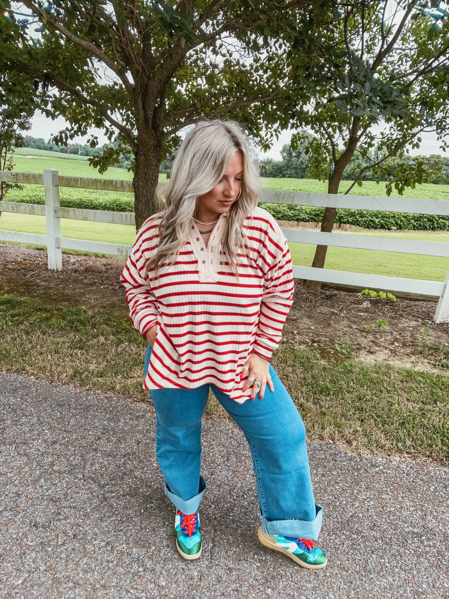 Red & Cream Stripe Top