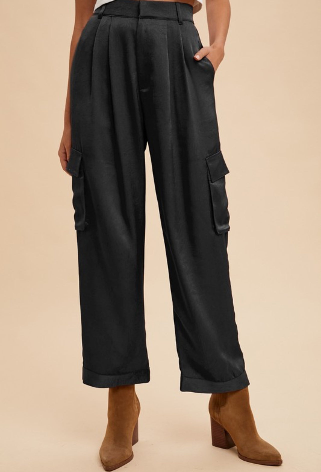 Black Satin Cargo Pants